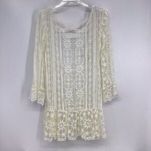 Jens Pirate Booty Boho Embroidered Lace Mini Dress/Coverup Top Creme Size P/S